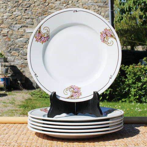 Ensemble de 6 assiettes plates en porcelaine pyroblan de Sarreguemines modèle Charleston