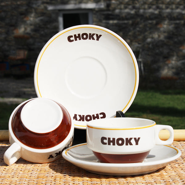 Duo de tasses à chocolat vintage publicitaires Choky en faïence de bistrot