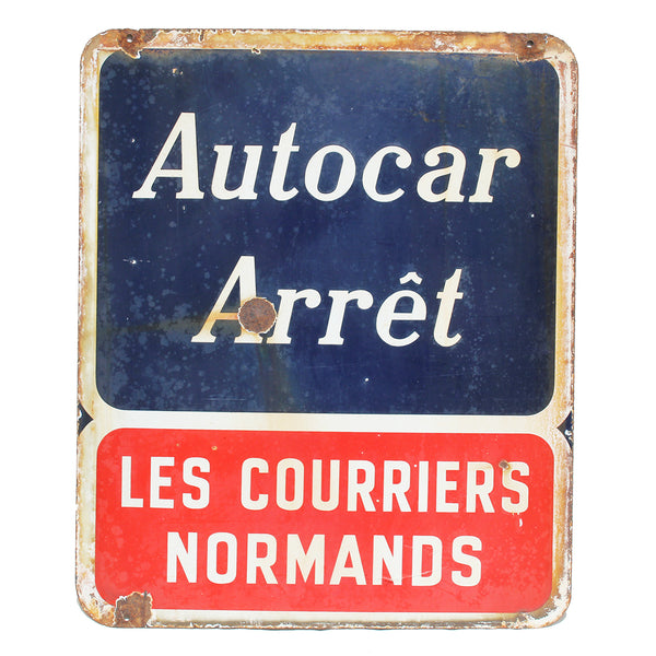 Ancienne plaque émaillée double face Autocar Arrêt / Les Courriers Normands