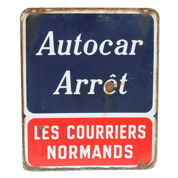 Ancienne plaque émaillée double face Autocar Arrêt / Les Courriers Normands