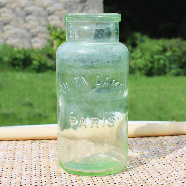 Ancien bocal à cornichons publicitaire Julien Damoy Paris ( verre ouraline ? )