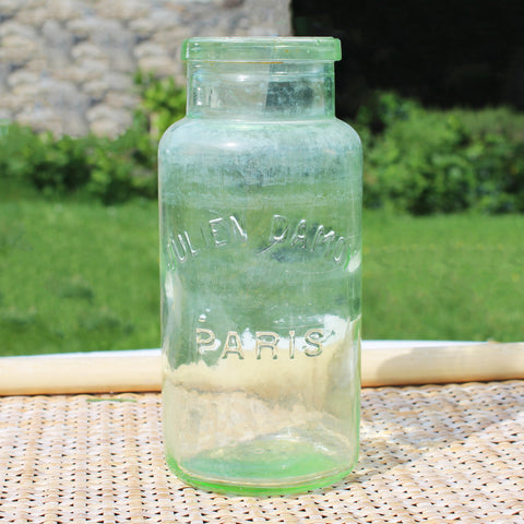 Ancien bocal à cornichons publicitaire Julien Damoy Paris ( verre ouraline ? )