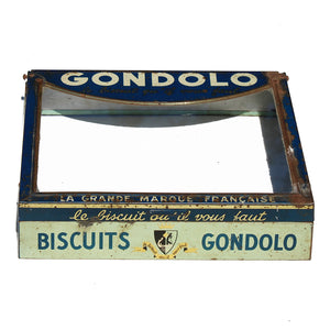 Ancien couvercle vitrine de boîte d'épicerie en tôle publicitaire biscuits Gondolo