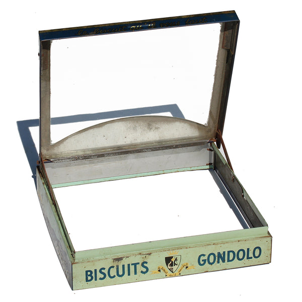 Ancien couvercle vitrine de boîte d'épicerie en tôle publicitaire biscuits Gondolo