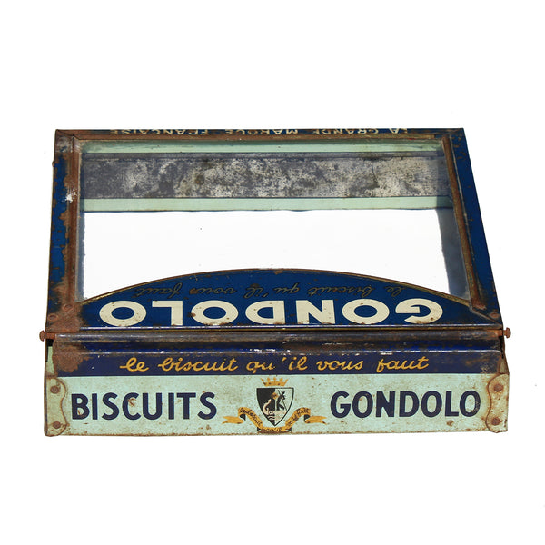 Ancien couvercle vitrine de boîte d'épicerie en tôle publicitaire biscuits Gondolo