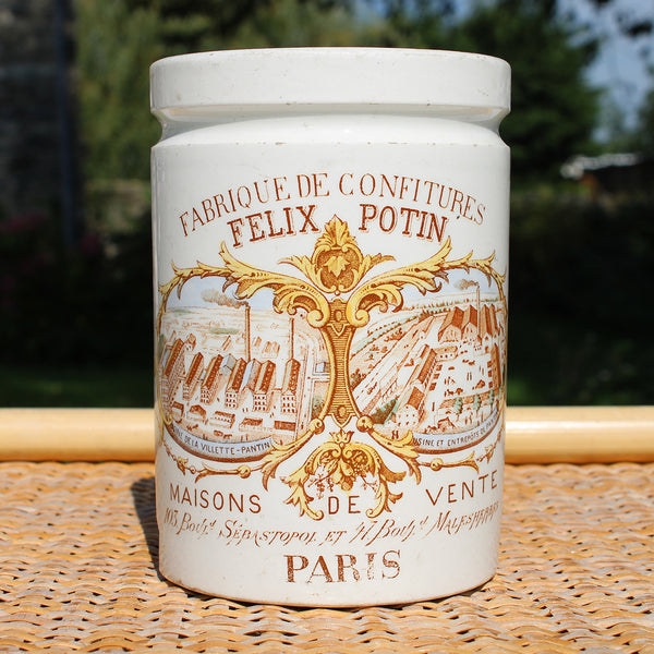 Ancien pot à confiture publicitaire Félix Potin Paris polychrome en grès vernissé