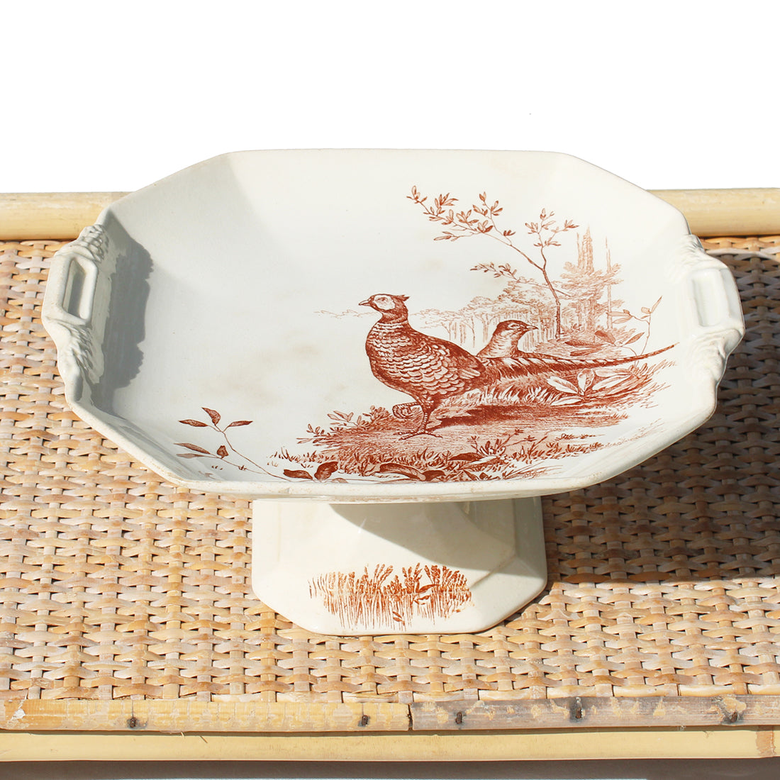 Ancien compotier en faïence anglaise Wedgwood / modèle Rustic / Faisans