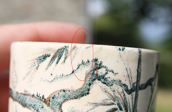 Ancienne tasse à café + soucoupe en faïence de Creil et Montereau / fleurs de pommier / bambou