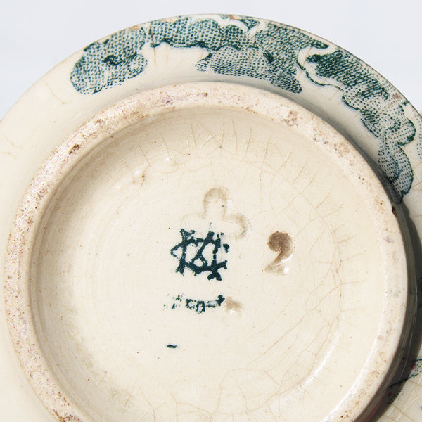 Ancienne tasse à café + soucoupe en faïence de Creil et Montereau / fleurs de pommier / bambou