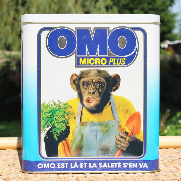 Baril de lessive publicitaire vintage vide Omo Micro Plus Chimpanzés de 1992