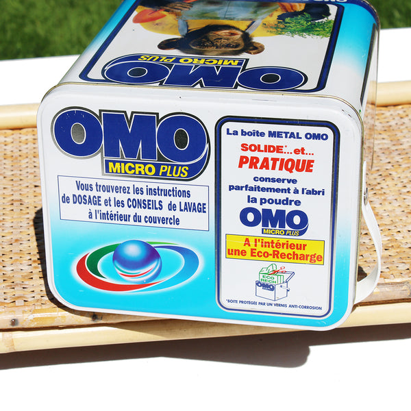 Baril de lessive publicitaire vintage vide Omo Micro Plus Chimpanzés de 1992