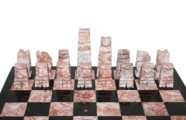 Jeu d'échecs pièces marbre / onyx rose & noir + échiquier modèle aztèque Mexique