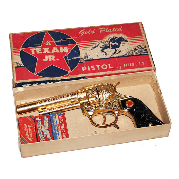 Jouet ancien / pistolet Hubley Texan Junior Cap Pistol Gold Plated en boîte