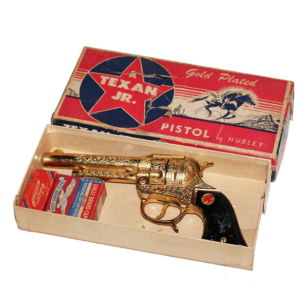 Jouet ancien / pistolet Hubley Texan Junior Cap Pistol Gold Plated en boîte