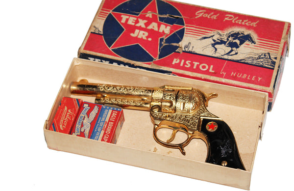 Jouet ancien / pistolet Hubley Texan Junior Cap Pistol Gold Plated en boîte