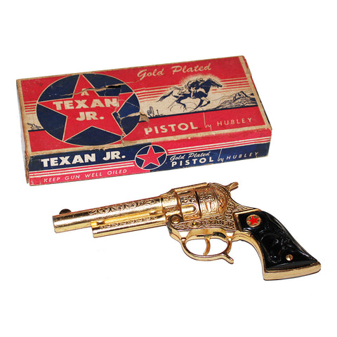 Jouet ancien / pistolet Hubley Texan Junior Cap Pistol Gold Plated en boîte