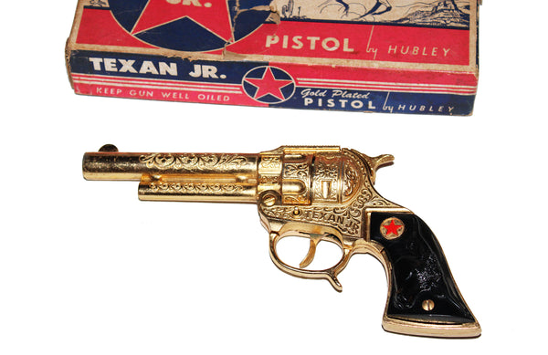 Jouet ancien / pistolet Hubley Texan Junior Cap Pistol Gold Plated en boîte