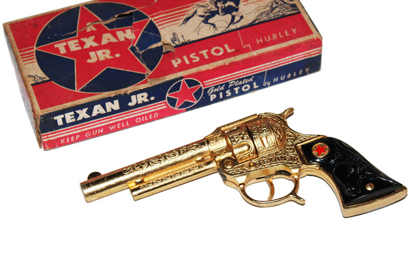 Jouet ancien / pistolet Hubley Texan Junior Cap Pistol Gold Plated en boîte