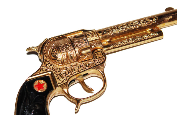 Jouet ancien / pistolet Hubley Texan Junior Cap Pistol Gold Plated en boîte