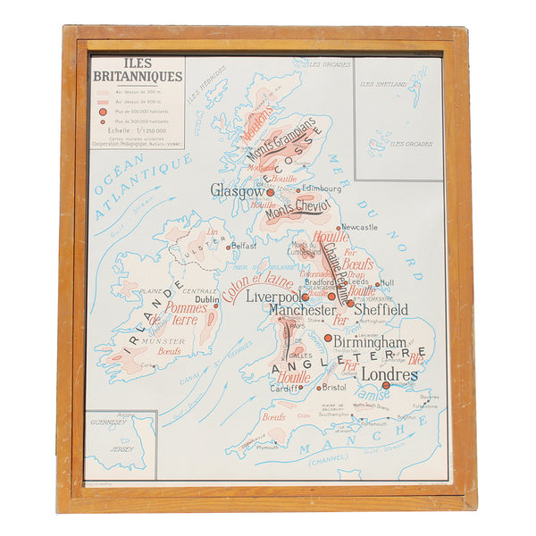 Carte scolaire vintage Nalliers / Îles Britanniques / Chine