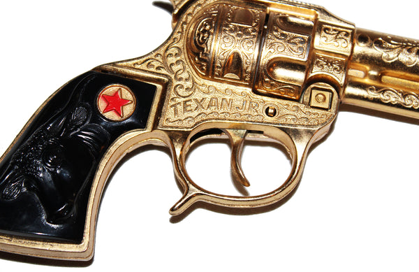 Jouet ancien / pistolet Hubley Texan Junior Cap Pistol Gold Plated en boîte