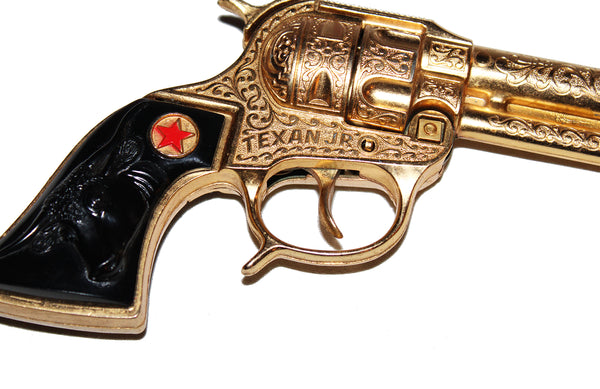 Jouet ancien / pistolet Hubley Texan Junior Cap Pistol Gold Plated en boîte