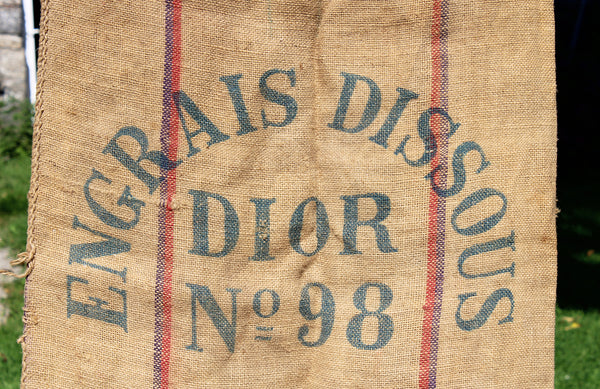 Ancien sac en toile de jute publicitaire engrais dissous Dior n° 98 Granville