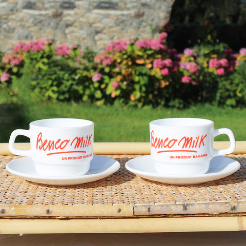 Paire de tasses publicitaires Benco Milk vintage + soucoupes / Banania