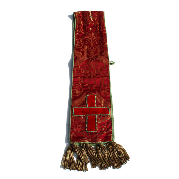 Ancien manipule liturgique / tissu de soie damassé bordeaux & vert / religion