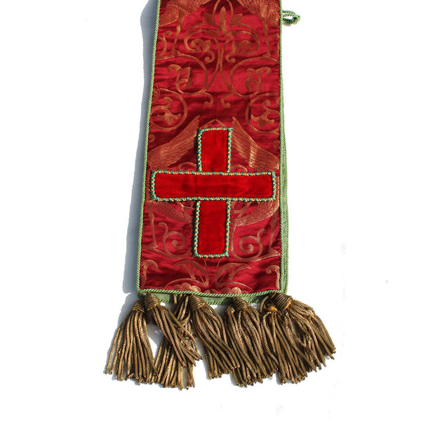 Ancien manipule liturgique / tissu de soie damassé bordeaux & vert / religion
