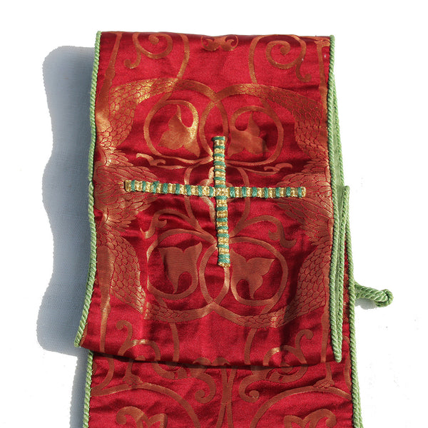 Ancien manipule liturgique / tissu de soie damassé bordeaux & vert / religion