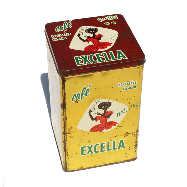 Ancienne grande boîte publicitaire Café Excella en tôle / 2 kilos / vide