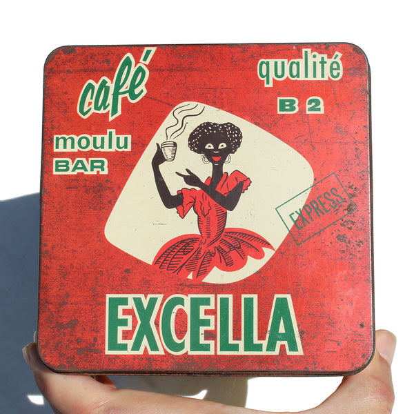 Ancienne grande boîte publicitaire Café Excella en tôle / 2 kilos / vide