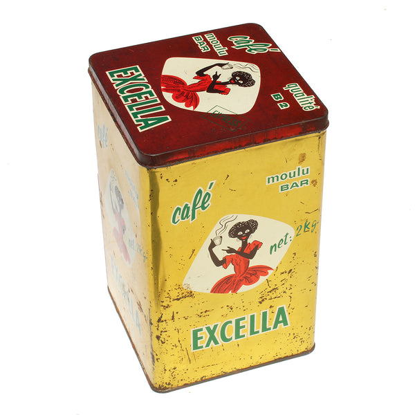 Ancienne grande boîte publicitaire Café Excella en tôle / 2 kilos / vide