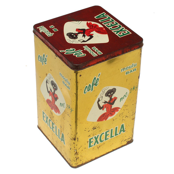 Ancienne grande boîte publicitaire Café Excella en tôle / 2 kilos / vide