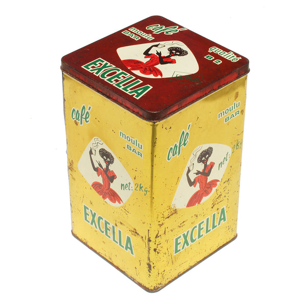 Ancienne grande boîte publicitaire Café Excella en tôle / 2 kilos / vide