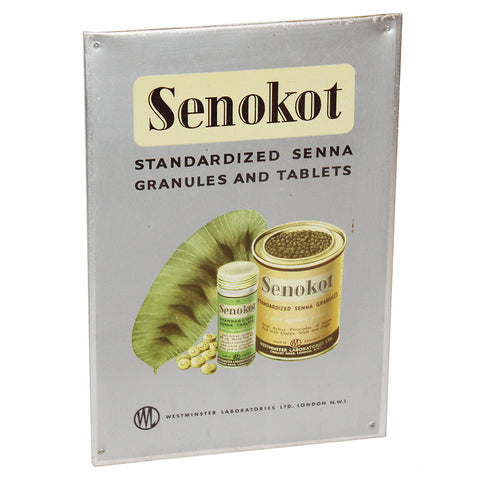 Ancienne plaque publicitaire de pharmacie Senokot en tôle d'aluminium