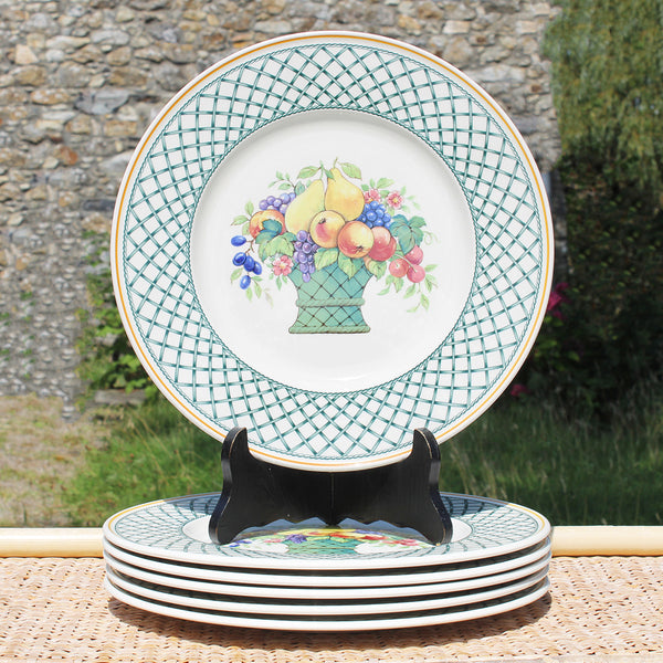 Ensemble de 6 assiettes plates vintage 26.6 cm en vitro porcelaine / Villeroy &amp; Boch modèle Basket.