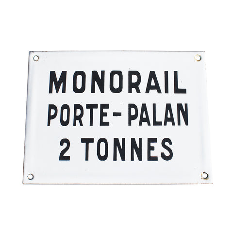 Ancienne plaque émaillée d'utilité 20 cm x 15 cm / Monorail Porte Palan 2 Tonnes