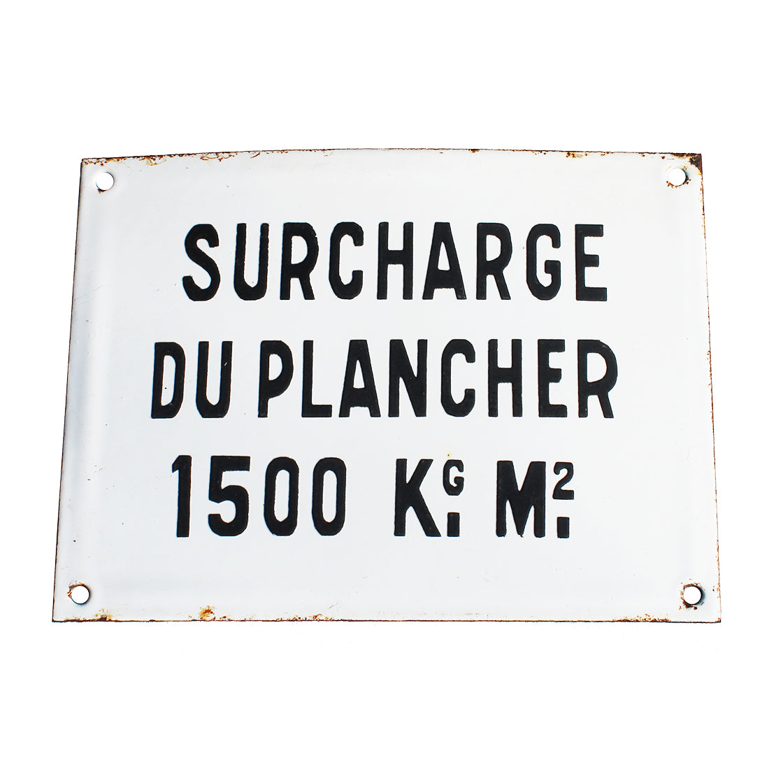 Ancienne plaque émaillée d'utilité 20 cm x 15 cm / Surcharge du Plancher 1500 kg M²