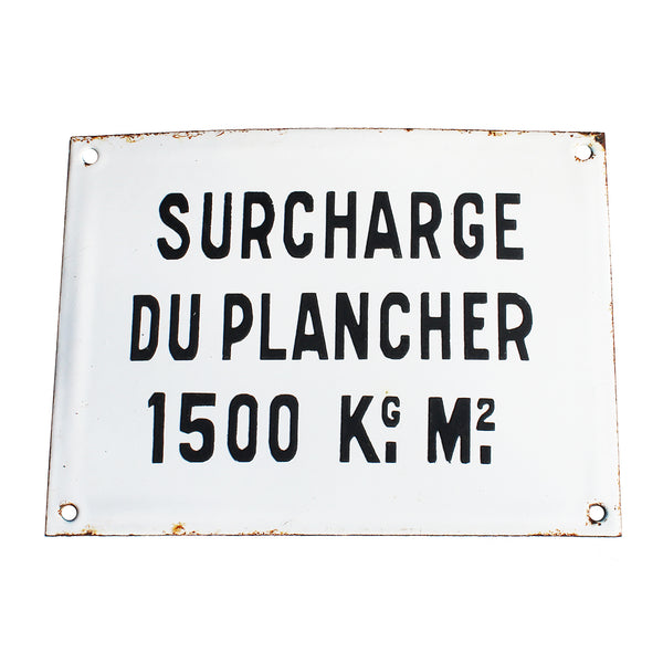 Ancienne plaque émaillée d'utilité 20 cm x 15 cm / Surcharge du Plancher 1500 kg M²