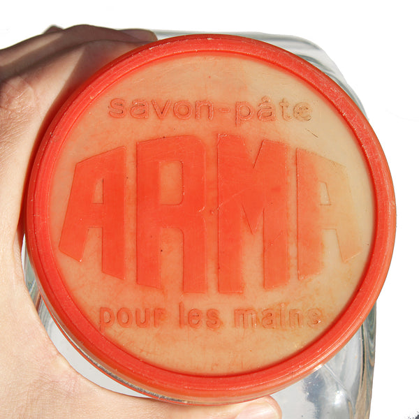 Ancien bocal d'épicerie publicitaire en verre / Savon-pâte Arma pour les mains
