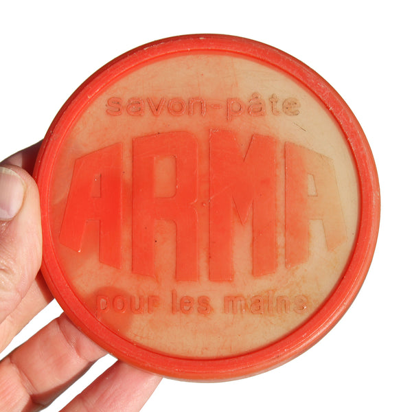 Ancien bocal d'épicerie publicitaire en verre / Savon-pâte Arma pour les mains