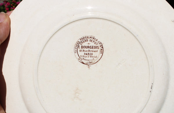 Ancienne assiette 24.6 cm en faïence polychrome Choisy le Roi E. Bourgeois oiseau