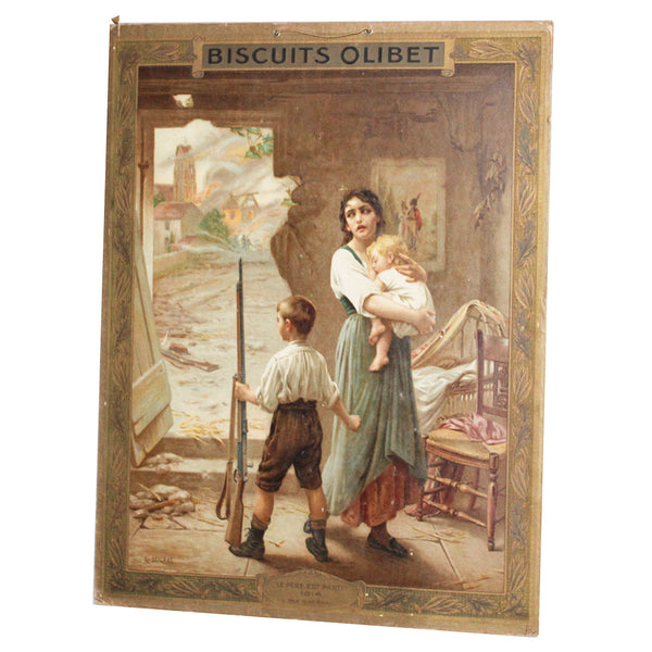 Ancien carton publicitaire / affiche chromolithographie Biscuits Olibet / Le Père est parti 1914 par Seignac.