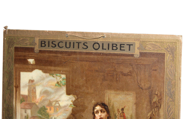 Ancien carton publicitaire / affiche chromolithographie Biscuits Olibet / Le Père est parti 1914 par Seignac.