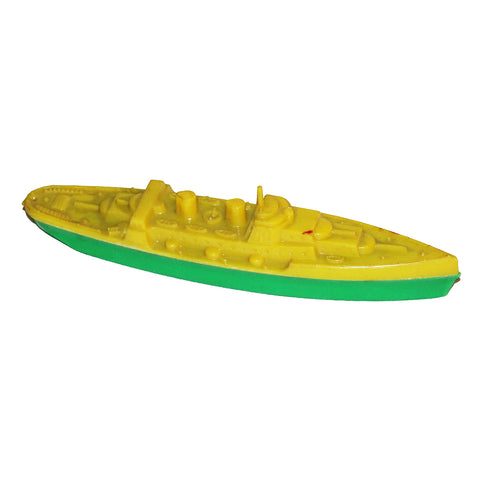 Jouet vintage bateau croiseur 17 cm en plastique vert & jaune marque inconnue ( no plastica )