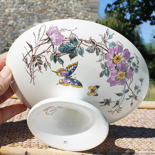 Ancien compotier en faïence polychrome de Clairefontaine ancre SG modèle Fleurs des Champs