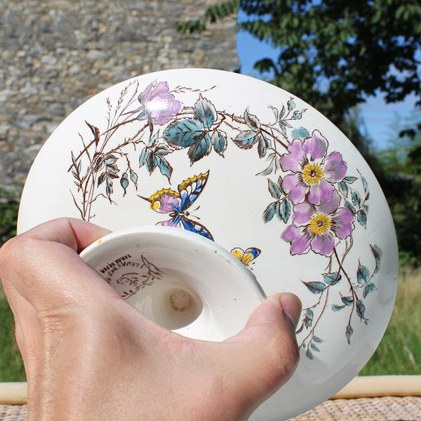 Ancien compotier en faïence polychrome de Clairefontaine ancre SG modèle Fleurs des Champs