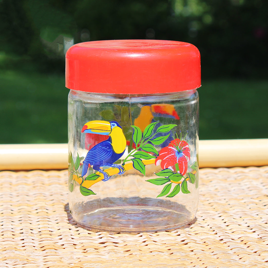 Petit bocal en verre vintage Le Parfait 446 ml modèle toucan & hibiscus